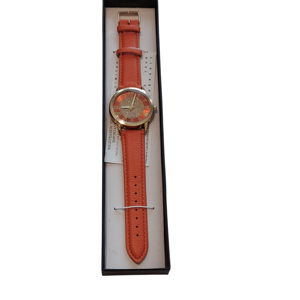 Manhattan By Croton Wrist Watch Rustic Orange Band - Goldtone - Like New In Box